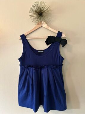 Sonia Rykiel Paris Navy Blue Babydoll Tank Top with Black Grosgrain Bow